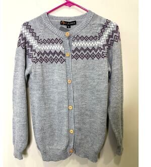 NWT IntiAlpaca Silver Gray Alpaca Cardigan Purple Fair Isle Sweater Size Sm